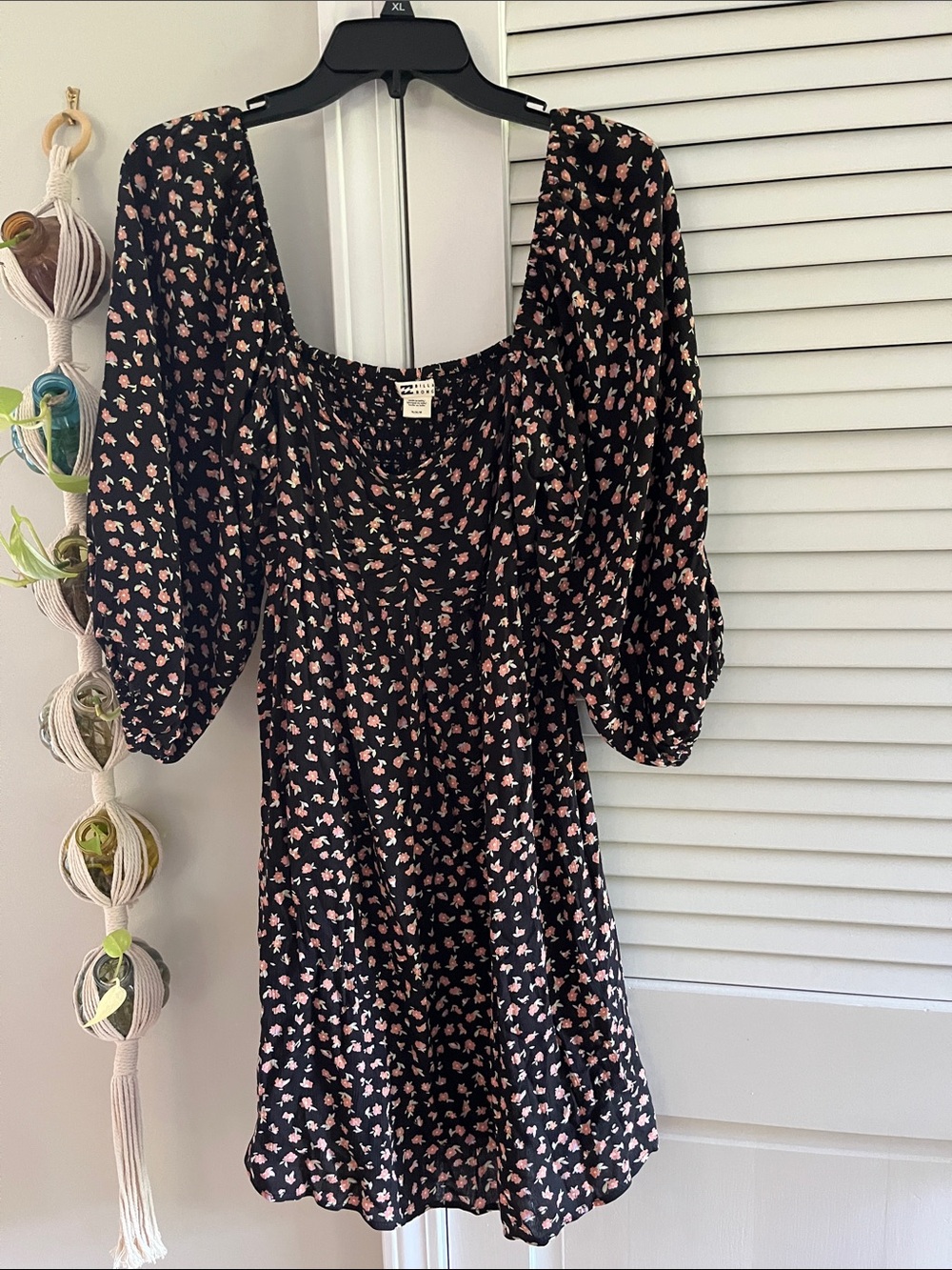 Billabong Black Mini Dress with Pink Floral Pattern and Puff Sleeves